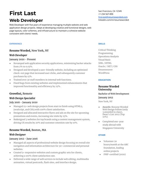 Free Web Developer resume template 2