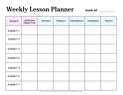 Free Weekly Lesson Plan Templates For Elementary Teachers Printable