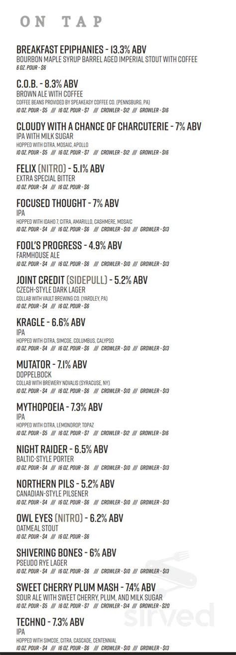 Free Will Brewing Co. menu in Perkasie, Pennsylvania, USA