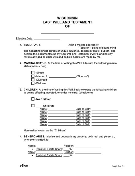 Free Wisconsin Last Will And Testament Template Pdf Word Eforms