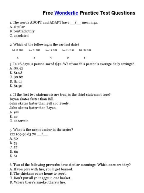Free Wonderlic Practice Test Questions PDF Nature