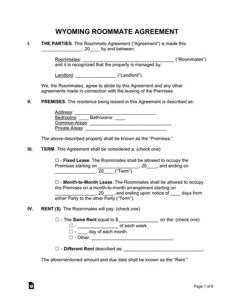 Free Wyoming Roommate Agreement Form PDF Word eForms