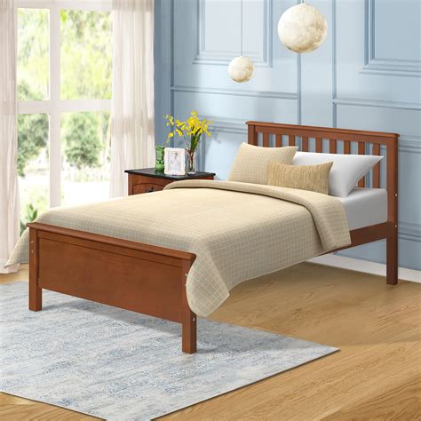 Free bed frame. The Emma Rustic Wooden Bed has a sturdy design made entirely from hardwood. The careful construction and high-quality materials make this frame a highly durable and functional option with a distinctive appearance. You can choose between three finish options, including natural wood, almond, and gray. 
