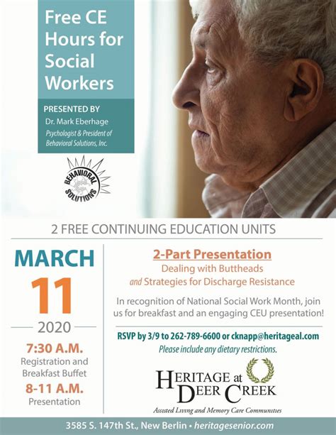 Free ceus for social workers. Body Trust Professional Training (12 month webinar) NASWOR Chapter / 4/26/2023 11:00 AM - 4/24/2024 1:00 PM0644. Wednesday April 26th, 2023 through Monday April 24th, 2024 11:00am - 1:00pm. Total of 24 clinical CEs Fees vary. Website: centerforbodytrust.com Email: amanda@centerforbodytrust.com Or call: 323-828-6872. 