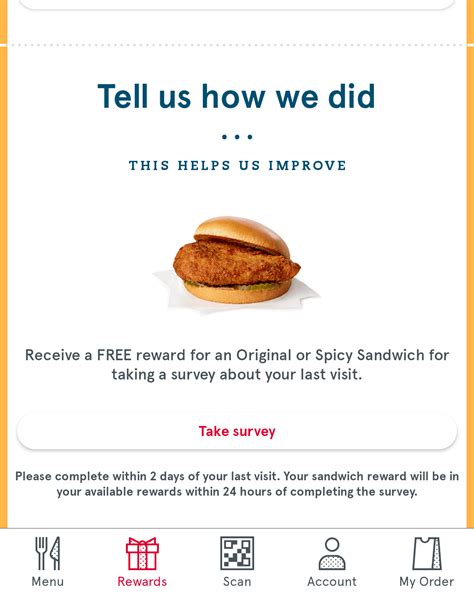 Free chick fil a sandwich survey. posted on February 6, 2023. MyCfaVisit.com Chick-fil-A Survey is an online platform created by Chick-fil-A, one of the largest fast-food chains in the United States, to gather customer feedback. By participating in this survey, customers can voice their opinions and share their experiences at Chick-fil-A restaurants, helping the company improve ... 