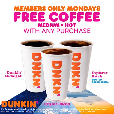 Free coffee dunkin. Community Corner Free Coffee Every Monday During Eagles Season At Dunkin' Now through Monday, Dec. 25, Dunkin' Rewards members can receive a free medium hot or iced coffee with any purchase on Monday. 