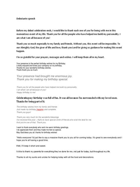 Free debutante speeches. doc / .  The document outlines the program for Eloisa's 17.  Th...