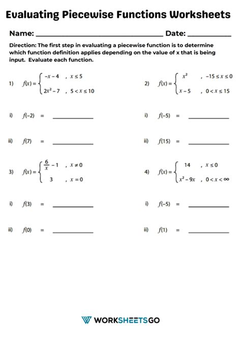 Free evaluating piecewise functions worksheet Download Free evaluating