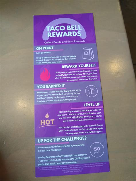 Join Taco Bell Rewards to get a free NEW Cantina Chicken Crispy Taco, Beefy 5-Layer Burrito, or Soft Taco. Get the App. How It Works. Start reaping the benefits of Taco Bell Rewards in four easy steps: Join Rewards. Unlock Hot Tier. Get a free item then claim rewards every 250 points. ... Tier. 2,000 points unlocks Fire! Tier, where $1 spent .... 