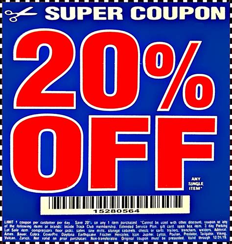 Free item harbor freight coupons. Save 30% on ANY single item under $20 with coupon code 13125813, valid from Friday, 9/23 through Monday, 9/25. Valid online or in-store. See the coupon for full details. *Limit 1 coupon per customer per day. Coupon Valid In-Store and Online. 30% discount only valid on a single item priced $19.99 or less before tax (if applicable). 
