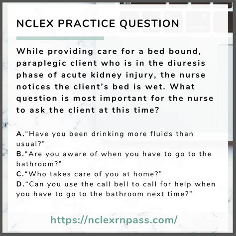 Dec 19, 2023 · Free NCLEX Questions. Use the NCLEX practice test questions below to get a better understanding of the NCLEX exam. Take advantage of these valuable free practice NCLEX questions to pinpoint your strengths and weaknesses. NCLEX-RN Practice Test NCLEX-PN Practice Test. .