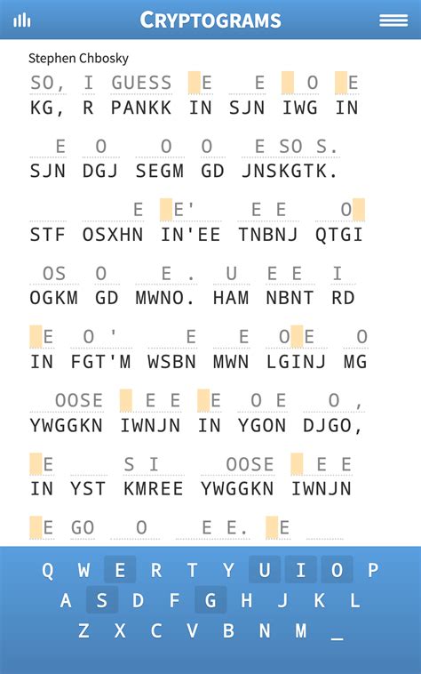 Free printable cryptograms puzzles. Cryptograms, A Free Online Word Game Words From The Wise Exercise your language skills and brain power. Look for familiar letter and word patterns to solve these word puzzles. Special feature rejects wrong guesses to make solving easier. More Cryptograms: No Clues and You Can Enter Your Own Cryptogram Quips. 