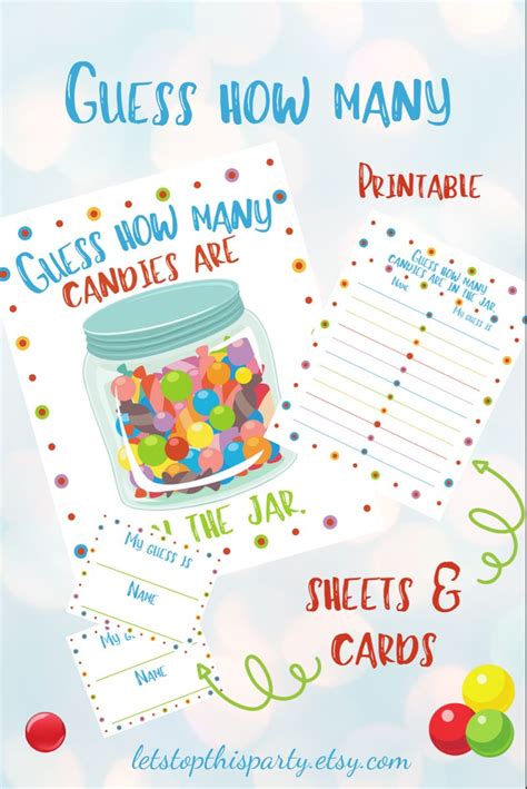 Free printable guess how many sweets in the jar template. Add some festive fun at your next gathering with the printable candy guessing game! You can choose from different candy options (candies, kisses). Sign (prints on regular paper) and sized to fit in an 8x10 frame (you will need to cut it - guide lines make it easy) 8 guessing cards (sized 2" x 3.5" each) on page - Print as many as you need! 