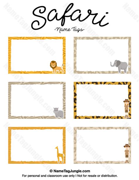 Free printable jungle name tags. The template features 6 name tags; Each name tag is 2.25 inches high and 3.5 inches wide; The template can also be used to create labels, place cards, etc. The free versions of our name tags do include a watermark. Get an editable version of the name tags without a watermark for only $1.99. Download a free sample to see how the editable version ... 