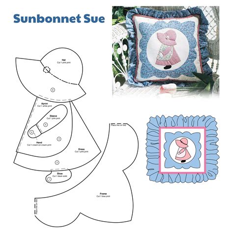 Free printable sunbonnet sue pattern. Pictures - Sunbonnet Sue - This is a quilt I made for a G-granddaughter's 5th birthday. I searched for a quilt that would be just right for her as she does love her doll babies. I made a few adjustments to the patterns, such as I made roller skates rather than ice skates, etc. I used 1930 Repo Fabrics, needleturn on 