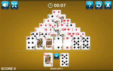  This is a timed 10-level game. Like traditional Pyramid Solitaire you pair cards which add up to 13 to remove them from the tableau. Kings are discarded individually. Other valid pairs are Queen-Ace, Jack-2, 10-3, 9-4, 8-5, and 7-6. You can pair multiple cards from the tableau together, or pair one of them with the card atop the waste piles or ... . 