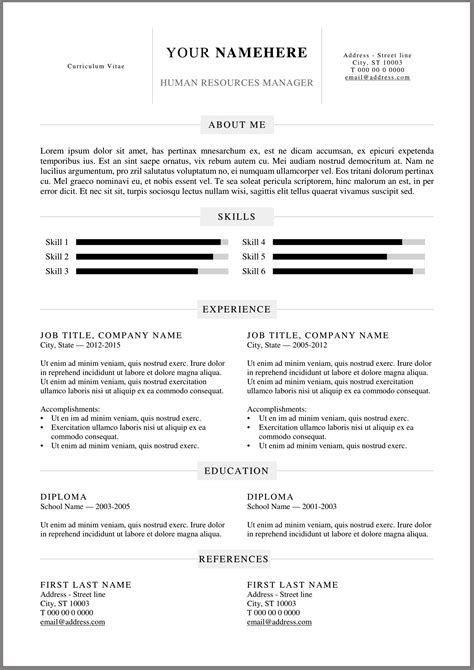 Free resume format. Bottom – 1.5″. Left – .5″. Right – .5″. Text Details. Font: Lora & Arimo. Name Font Size: 22pt. Header Font Size: 11pt. Job Description Font Size: 10pt. If you like this template but don’t have Microsoft Word, we have some similar and equally effective google docs resume templates available for free. 