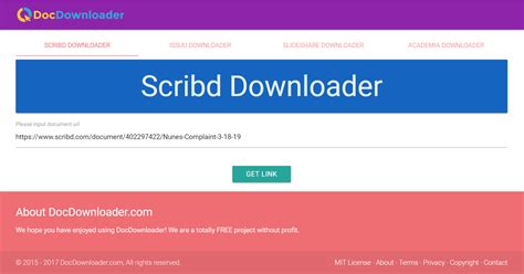 Free scribd downloader. Downloading complete textual books and audiobooks. If you have a premium Scribd account, you can also download the full version of textual books and audiobooks. Create a text file containing your Scribd credentials, such that the contents of the file look like below: user@mail.com password. Now pass the file path to the -c option, for example: 