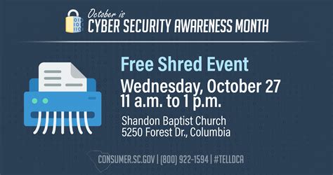 Free shred events in columbia sc. October 27 @ 11:00 am - 1:00 pm. Please help everyone enjoy the “Free Paper Shredding Event” co-hosted by Shred360 and The South Carolina Department of Consumer Affairs in support of National Cyber Security Awareness Month on Wednesday October 27, 2021 from 11:00 a.m. to 1:00 pm. In an effort to shred your sensitive … 