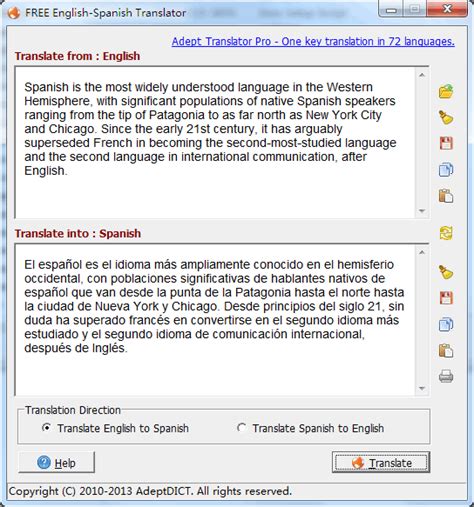  Translationly let you translate your text from Spanish to English for free. You can use translationly to instantly translate a word, phrases, or sentences from Spanish to English. The translated text is generated within a few seconds using various algorithms for a precious translation of your text. No worries to re-check the text you translated ... 