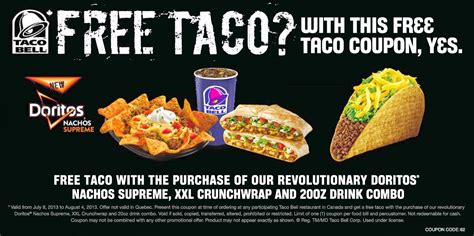 Free taco bell coupon. 0:50. Taco Bell is ready to celebrate Taco John’s decision last month to drop its "Taco Tuesday" trademark ownership – with free tacos, of course. All Taco Bell … 