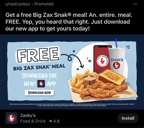 Free zax snak meal code. Free Big Zax Snak meal with app download from Zaxby's [US Only] US Only Archived post. New comments cannot be posted and votes cannot be cast. ... for 1$. there is this app called sudo which allows you to get a phone # for 1$ which you can use for the verification code. create a new account through the app. then, log into the account on the ... 