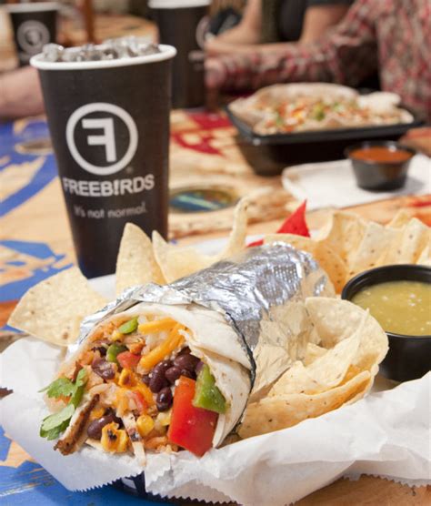 Freebirds burritos. Freebirds is my favorite burrito place to eat. The staff has always been very helpful when building my burrito. The location is nice and small. Only thing is the prices are going crazy, two burritos was 38$ with add ons that I didn't know we're extra. 