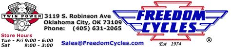 Freedom Cycles Motorcycles in Oklahoma City, OK. 3119 S Robinson Ave. Oklahoma City, OK 73109 - Oklahoma County (405) 631-2065. Select. FOLLOW .... 