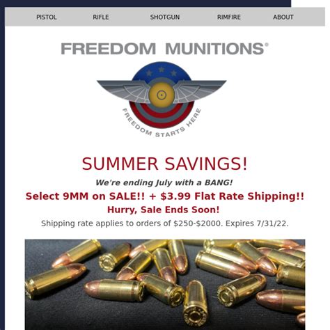 Not only Ammo Freedom Discount Code, but also Freedom Munitions Promo Code & Coupon Code for April 2023 - 17 Freedom Munitions Coupon & Discount Code - which one is your favorite? All Stores. ... Promo Codes: 0: Deals: 17: Max Discount: 80%: Last Updated: April 2023: Submit Coupon for Freedom Munitions.. 