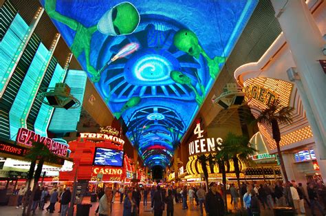 Fremont street experience photos. Located in downtown Las Vegas, this pedestrian mall spreads over five blocks along Fremont Street. Home to many casinos and hotels—including Golden Gate Hotel and Casino and Bin 