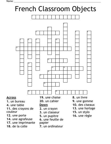 French Classroom Objects! Crossword WordMint