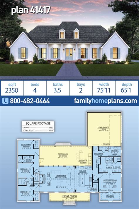 French Country Style Farmhouse with 2350 Sq Ft, 4 Bedrooms ... - Pinterest