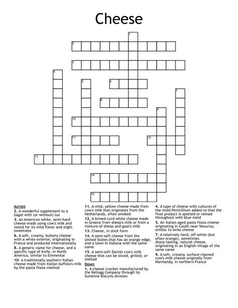 French cheese crossword clue. The Crossword Solver found 30 answers to "French creamy cheese", 9 letters crossword clue. The Crossword Solver finds answers to classic crosswords and cryptic crossword puzzles. Enter the length or pattern for better results. Click the answer to find similar crossword clues . A clue is required. 