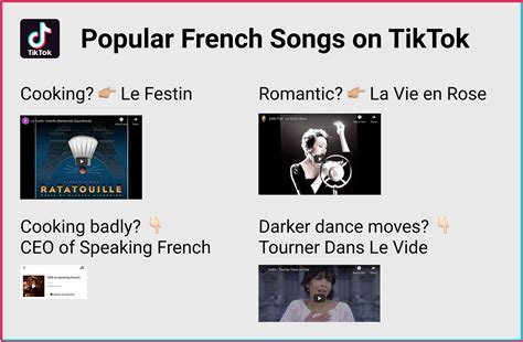 French song tiktok. Camille - Le Festin. "Le Festin," the popular song from Ratatouille written by Michael Giacchino and performed by French singer Camille, has rightly become a TikTok staple when it comes to ... 