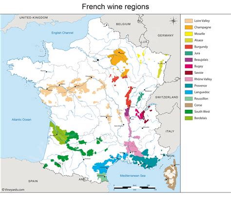 French wine regions map. Savoie neighbors Switzerland (to the East), the Jura region (to the North) and the little-known Bugey region, which is west across the Rhône river. All told, the region is under 5,000 acres (2000 ha) accounting for a mere 0.5% of French wines. If you like white wines, this region is for you, as 70% of the wine produced in Savoie is white. 