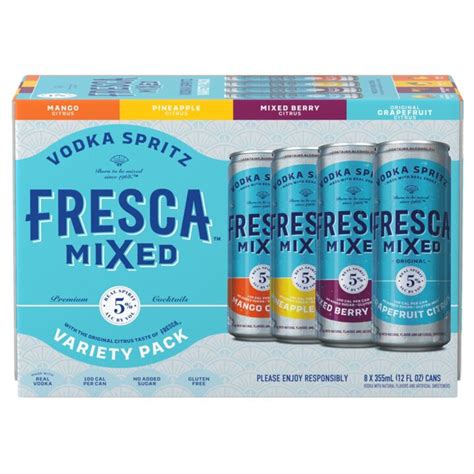 Fresca mixed. Made with real vodka and the citrus taste of Fresca®, this ready-to-drink cocktail is made for smooth sipping. Available in the Original Grapefruit Citrus, Mango Citrus, Mixed Berry Citrus and Pineapple Citrus. ABV: 5% per can. Age Verification Required on Delivery: This product is not for sale to people under the age of 21. 