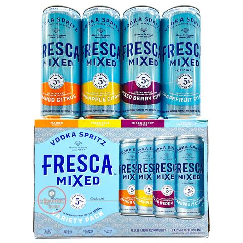 Fresca mixed vodka spritz. Fresca™ Mixed Vodka Spritz, Vodka with natural flavors and artificial sweeteners, 5% alc/vol, frescamixed.com. Vodka seltzer cocktails in Original Grapefruit Citrus, Mango Citrus, Mixed Berry Citrus, and Pineapple Citrus flavors; Ready made mixed drinks great for enjoying straight from the can or served over ice in cocktail glasses; 