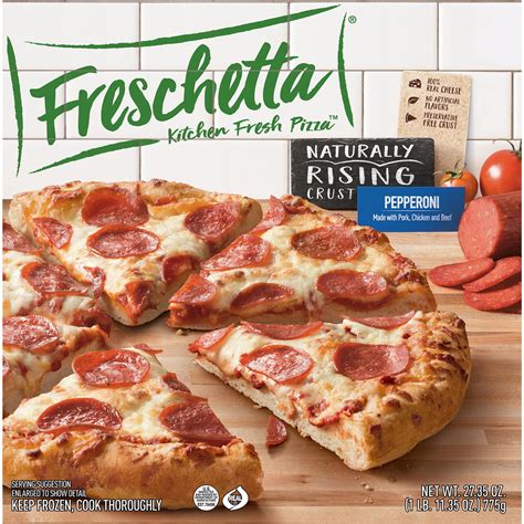 Freschetta pizza. Directions. 56507 Freschetta Naturally Rising Crust Supreme 1 Preheat oven to 400°F. 2 Remove pizza from box & overwrap, and place pizza on pan 3 Bake on a pan on center rack for 26-30 minutes or until cheese is melted at the center & crust is golden brown Keep pizza frozen while preheating Do not thaw pizza For food safety and quality, cook until the internal … 