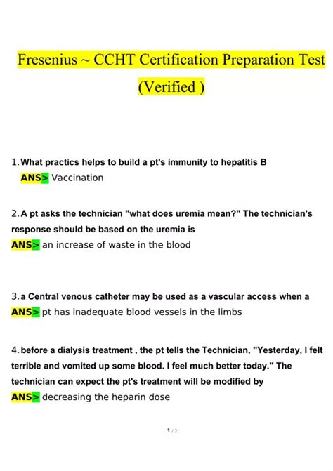 Fresenius CCHT Certification Preparation Test Questions and Answers
