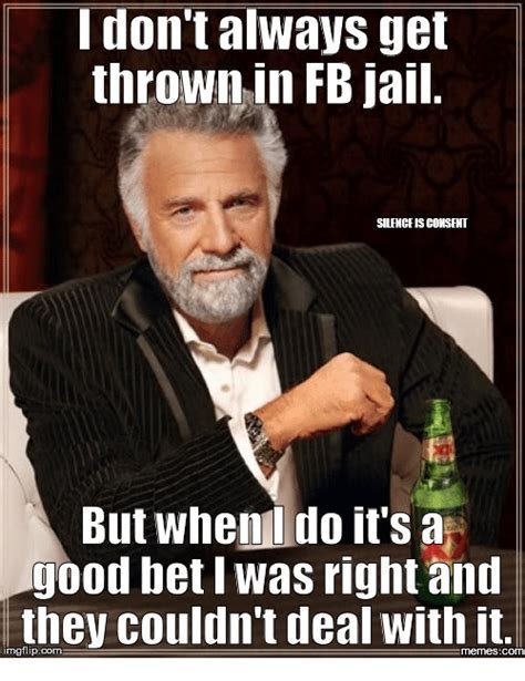 Images tagged "facebook jail". Make your own images with our Meme Generator or Animated GIF Maker. ... "facebook jail" Memes & GIFs. Make a meme Make a gif Make a ... . 