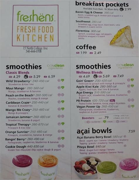 Freshens Fresh Food Studio Menu Prices - PriceListo