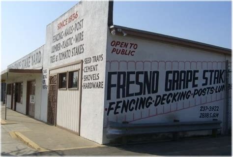Lumber & Plywood Suppliers in Fresno, CA . Fresno Grape Stake Yard . Call. Website. Route. ×. Check out 41 review(s) from 2 trustworthy source(s). Name: Fresno Grape Stake Yard . Address: 2838 SOUTH ELM AVENUE, Fresno, CA 93706. Phone: (559) 237-3922 . Fax: (503) 666-8333 . Website: fresnograpestakeyard.com. Edit the information …. 
