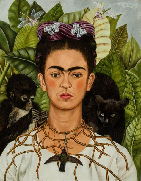 In this self-portrait, Kahlo is shown wearing a necklace made of thorns, with a hummingbird perched on it. The painting measures 55 x 46 cm. The background is a bright, vibrant blue, with intricate patterns and symbols, including a monkey and a parrot, which are recurring symbols in Kahlo’s work.. 