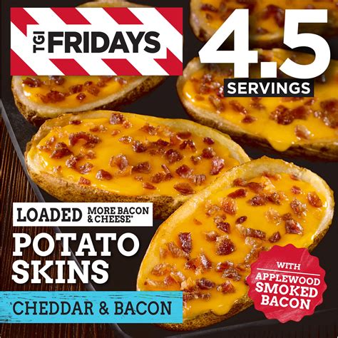 Fridays potato skins. TGI Fridays Potato Skins Snacks, Sour Cream & Onion, Chili Cheese, Jalapeno Cheddar, Loaded Potato, Cheddar & Bacon, and Bacon Ranch, One 3 oz Bag of Each (6 Pack) - with Make Your Day Bag Clip. $2499 ($1.39/Ounce) Total price: Add all 3 to Cart. These items are shipped from and sold by different sellers. Show details. 