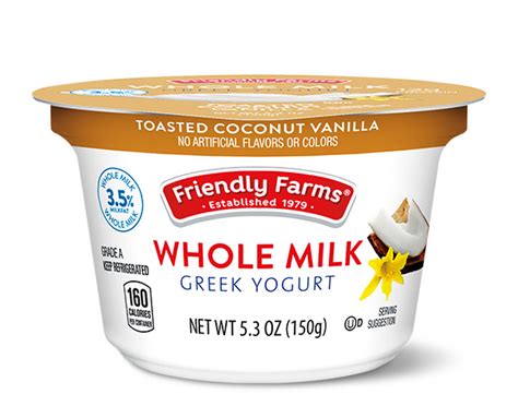 Friendly farms greek yogurt. These yogurts are recombinant bovine somatotropin (RBST) free, made with real fruit, have only 140 calories per serving, and have added Vitamins A and D. Enjoy Friendly Farms Strawberry or Strawberry Banana Yogurt by its self or added it to cake batter, spread it on toast, or make homemade dressing. Product code: 1246. 