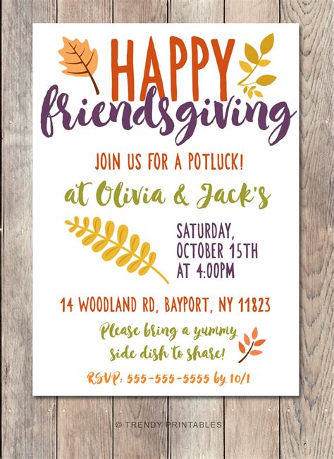 Oct 7, 2020 - These Friendsgiving potluck invitations feature a colorful fall themed floral design against a dark wood background and are typeset with your event details printed in all white font styles. SIZE: 5x7 inchesPRINTING: Invitations are printed on 110llb matte card stock ENVELOPES: White The partybeautifully.com watermark s. 