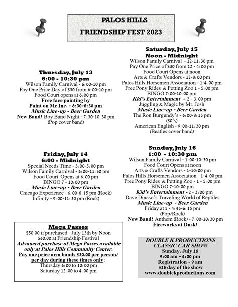 2023 Illinois Festival Guide. Follow Illinois Festivals on Facebook **** ... Bourbonnais Friendship Festival – Bourbonnais 6/19-6/23* – Summer in the Park – Woodstock ... 8/17-8/18* – Greek Fest of Palos Hills – Palos Hills 8/18* – Taco Y Tequila Fest – Chicago.. 