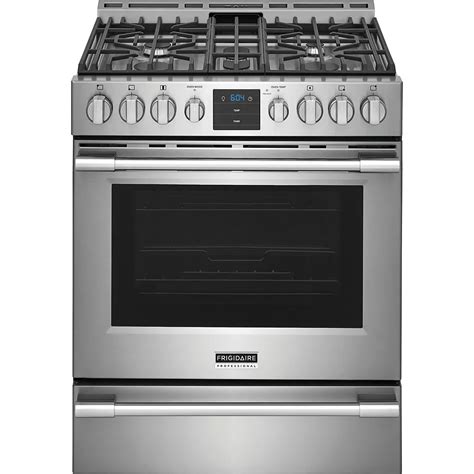 Frigidaire professional gas range. Great looking range with 5 burners (no grill pan accessory). The oven reaches temperature quickly. My 4 star is due to the electric broiler (didn’t expect in a gas range), which does not get hot enough. I purchased a trim kit from Frigidaire to give a complete slide-in look. 