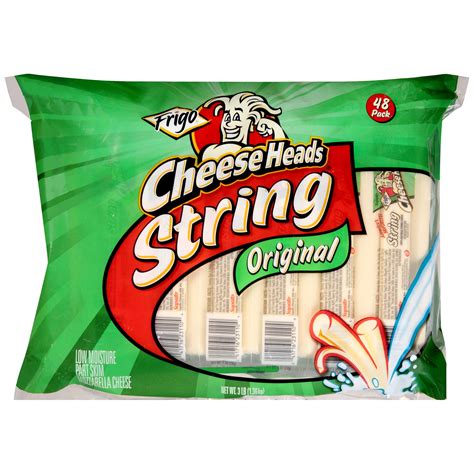 Frigo cheese heads. About this item. 12 Individually wrapped string cheese sticks per package. Low moisture part skim mozzarella cheese. Only 80 calories with 6 grams of protein per string cheese stick. Creamy and delicious, stringy and fun. 20% Daily Value of Calcium. $6.49. 