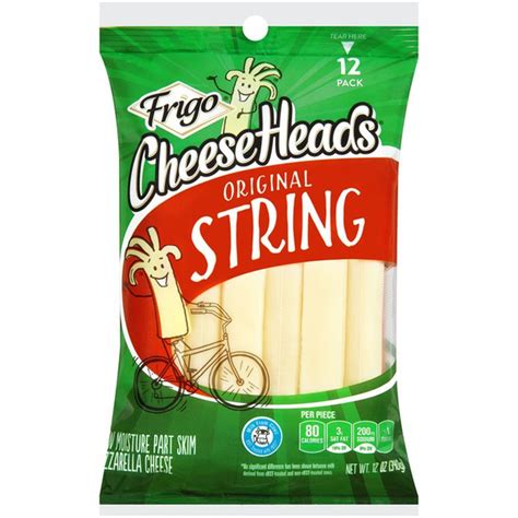 Frigo string cheese. Frigo Cheese Heads® String cheese snack makes every break time fun. A good source of calcium. Keep refrigerated. 80 calories per serving. 6 grams of protein. Individually plastic wrapped for a great on-the-go snack. 36 Frigo Cheese Heads original mozzarella string cheese snack sticks per 36 oz bag. Made from milk, keep refrigerated. 